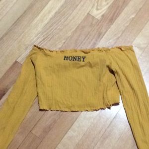 Mustard yellow shoulder off crop top